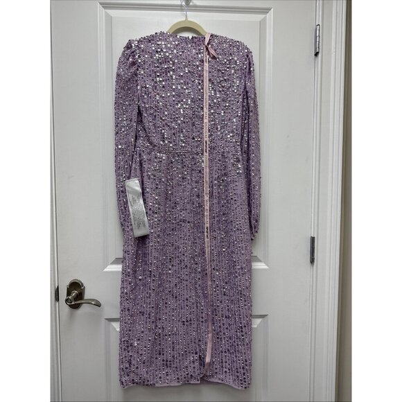 Mac Duggal Size 8 Purple 107641 Sequined Puff Sleeve V Neck Midi Cocktail Dress - Picture 9 of 12